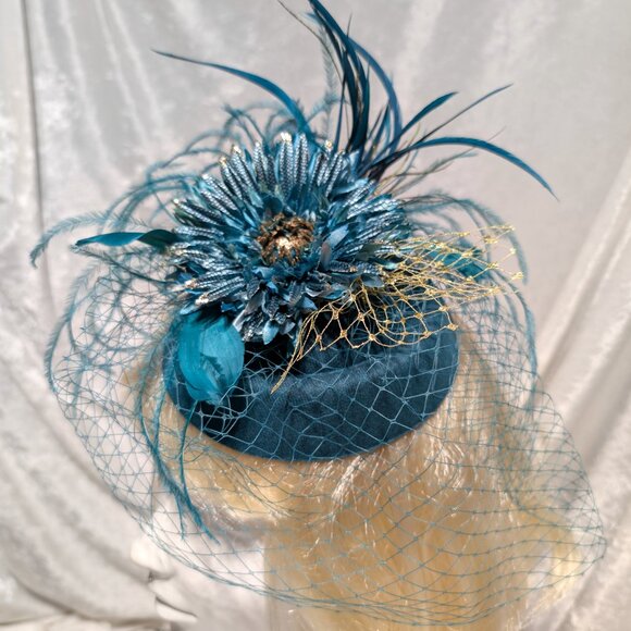 Charming Teal and Gold Pillbox Style Fascinator - Picture 2 of 5